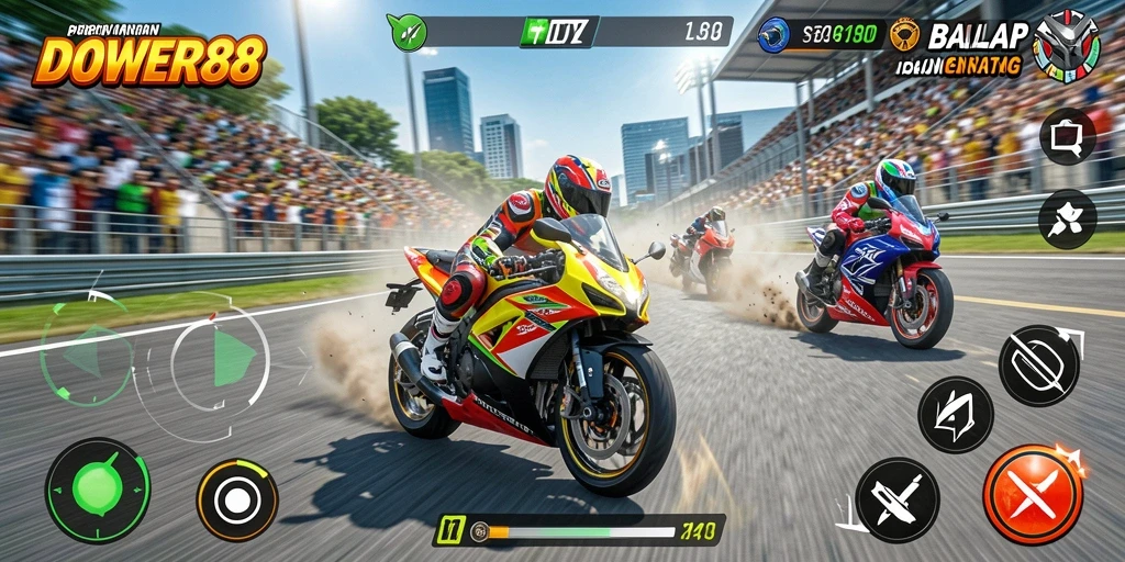 Tampilan gameplay nyata dari DOWER88 dengan motor balap berkecepatan tinggi.